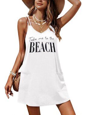 Womens White Polyester Swimsuit Coverup Beach Bathing Suit Swim Cover Up V Neck
